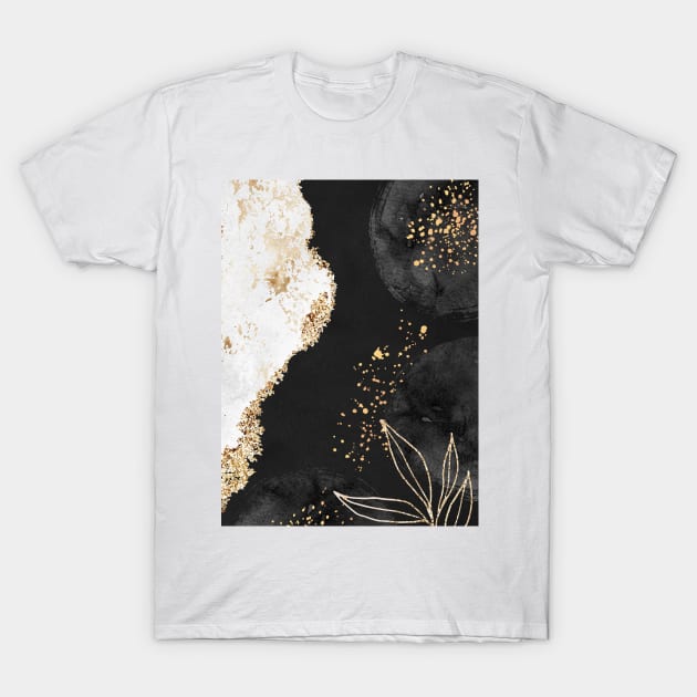 Gold Foil Leaf,  White Marble and Black Velvet Pattern T-Shirt by Sizzlinks